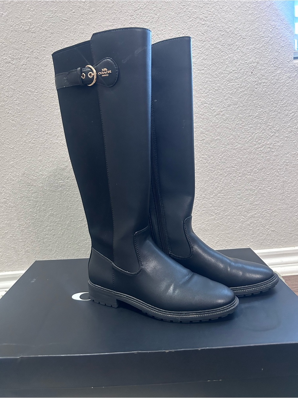 Coach Black Leather Over-the-Knee Riding Boots with Gold Logo Accent